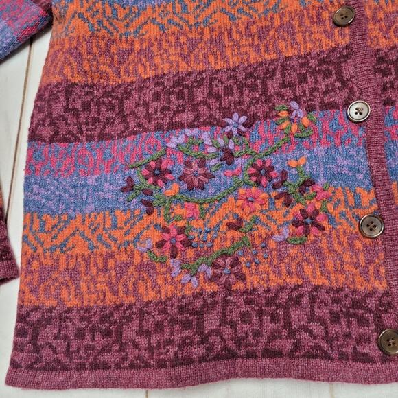Orvis knit textured floral cardigan lambswool button front sweater striped - Picture 2 of 8